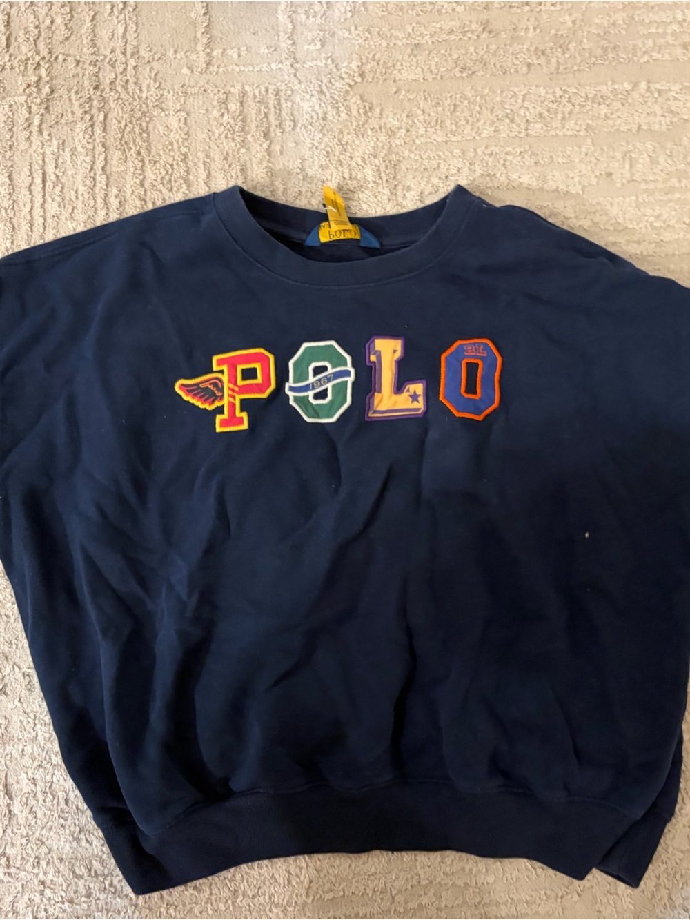 Polo by Ralph Lauren Navy Crewneck Sweatshirt with Colorful Letter Appliqués